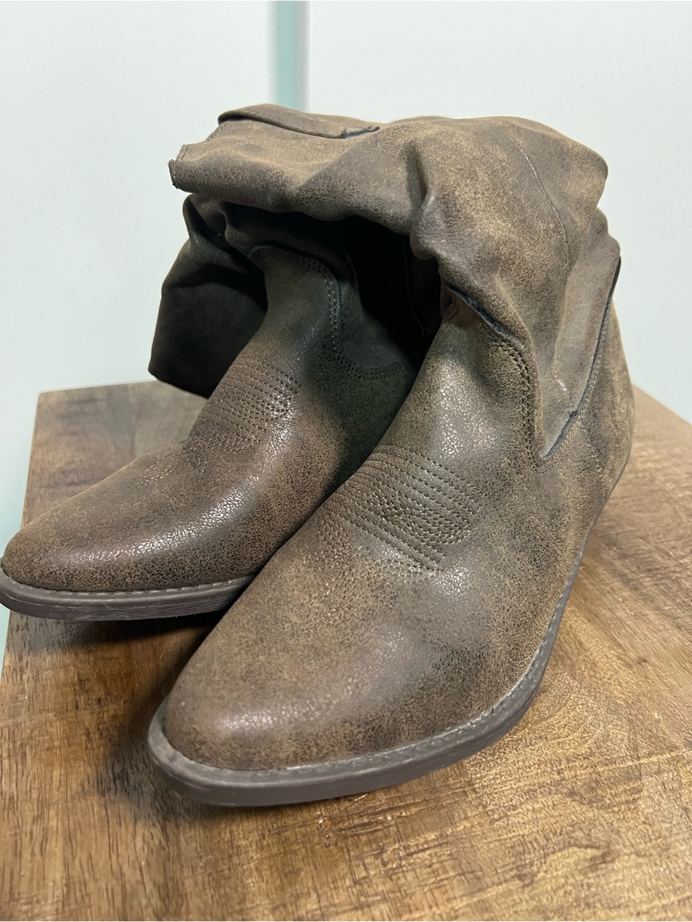 me too Distressed Fold-Over Suede Ankle Boots in brown